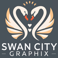 Swan City Graphics Logo 2 stylized swans cutout looking illustration lettering in a gray square with lettering