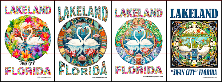 Choose from 4 stunning designs for our Lakeland Florida Swan City Garden Flags. Show your pride in Lakeland with these original unique garden flags made by a local artist. These 12 x 18 inch, white polyester with top rod pocket garden flags by Swan City Graphix will brighten and enhance your garden in a snap.