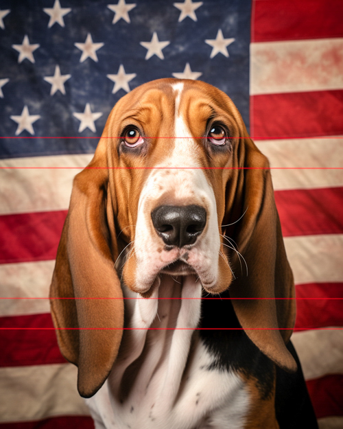 basset hound portrait in front of the American flag.