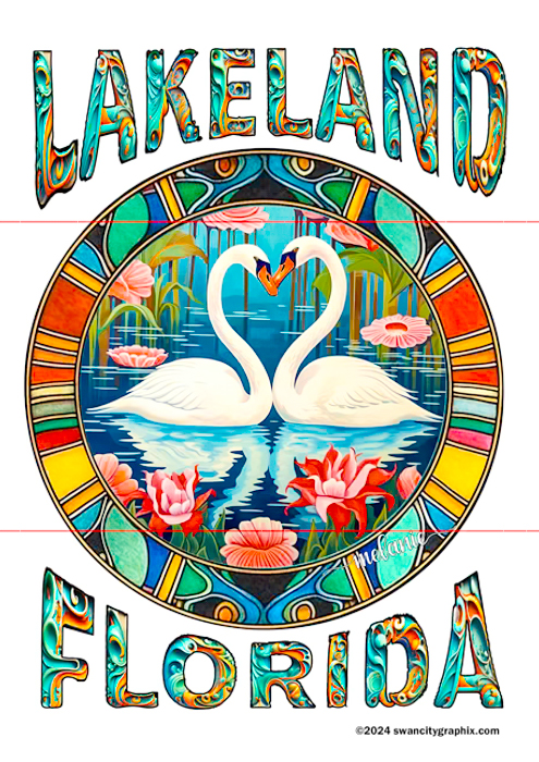 12 x 18 Art Deco Lakeland Florida Swan City Garden Flag with an artistic illustration reading Lakeland Florida in a stained-glass style. It features two white swans forming a heart shape with their necks, swimming among pink water lilies and green foliage, with a sunset sky in the background. The text and frame have vibrant, colorful patterns.