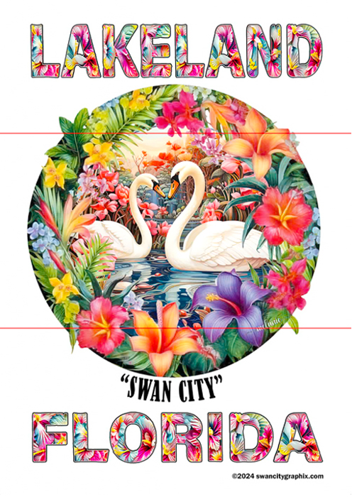 Floral illustration featuring a pair of white swans swimming in a vibrant, tropical setting surrounded by lush flowers and greenery. LAKELAND and FLORIDA are written in large letters decorated with floral patterns, and SWAN CITY is written beneath the illustration for this Swan City Garden Flag design.