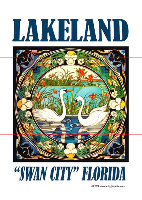 Art Nouveau 12x18 inch Garden Flag by Swan City Graphix with colorful illustration featuring two white swans on a blue pond surrounded by grass and orange flowers. The Art Nouveau border is intricately designed with floral patterns. The text LAKELAND is displayed at the top, and SWAN CITY FLORIDA is written at the bottom.