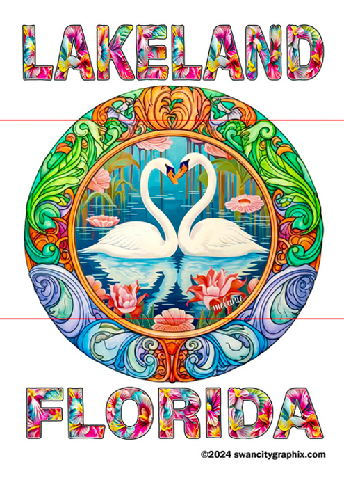 Vivid 12x18 Garden Flag Design, Illustrated text LAKELAND FLORIDA surrounds a circular image of two swans forming a heart shape with their necks over water, with pink water lilies and lily pads. Intricate, colorful patterns in an Art Nouveau design frame the scene | Swan City Graphix