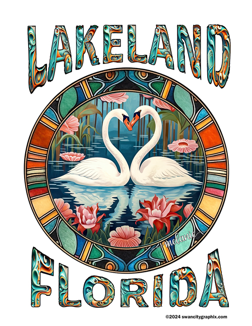 Art Deco Garden Flag Design, LAKELAND top FLORIDA bottom decorative lettering. Circular motif deco border, two white swans form heart shape on lake