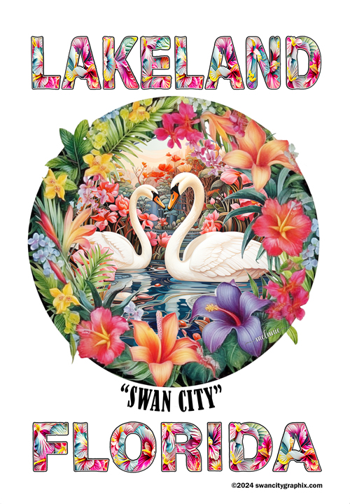Floral Swan City Flag Design, LAKELAND top, FLORIDA bottom colorful Circular floral motif 2 white swans form heart shape