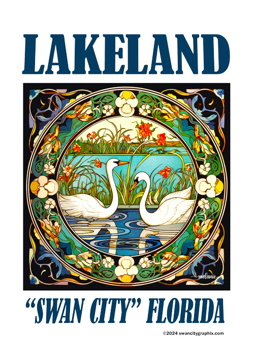 Art Nouveau 12x18 inch Garden Flag Design, LAKELAND top, FLORIDA bottom, 2 swans in circular motif with Art Nouveau border