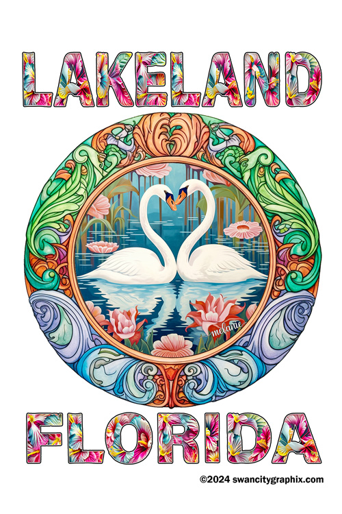 Vivid 12x18  Garden Flag Design, LAKELAND top, FLORIDA bottom, 2 swans in circular motif form heart shape, colorful Art Nouveau border